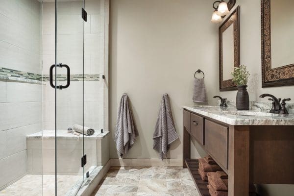 Master bath with double vanity and walk in shower