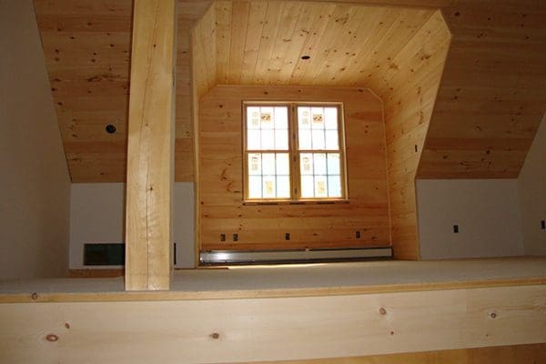 The interior view of a newly constructed dormer window.