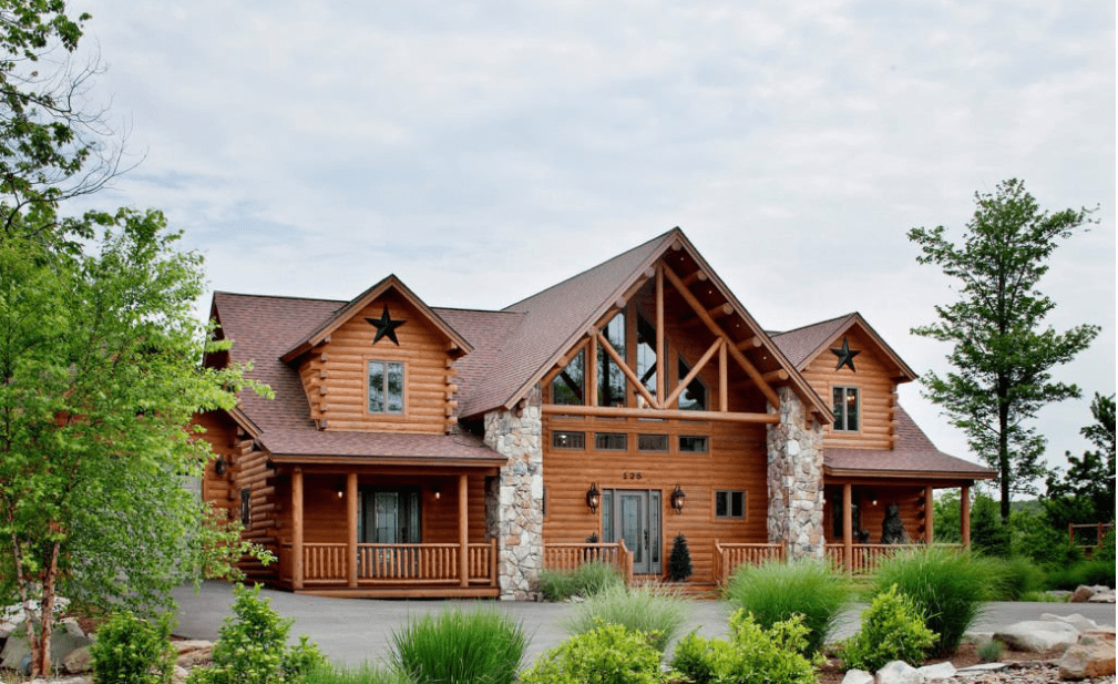 Log home with landscaping