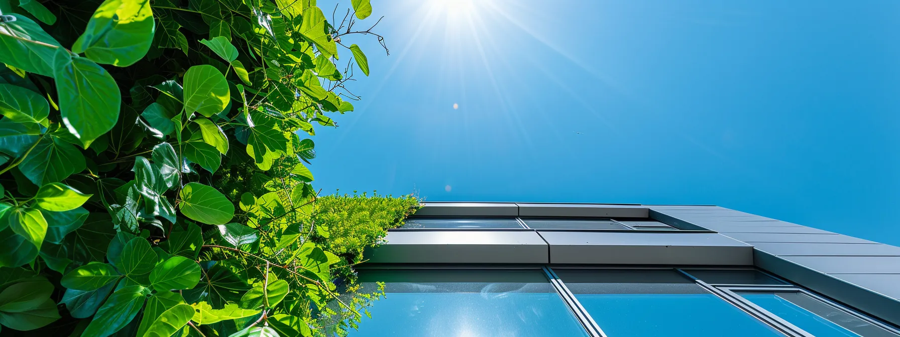 Modern eco-friendly building with Structural Insulated Panels (SIPs), lush green foliage, and clear blue sky, emphasizing sustainable architecture and energy efficiency.