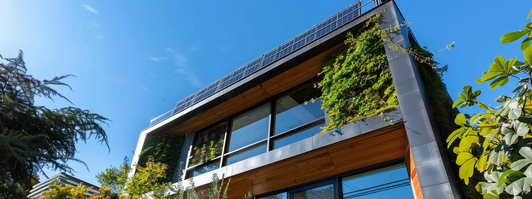 Modern eco-friendly home featuring solar panels and vertical greenery, emphasizing sustainable architecture and energy efficiency in construction.