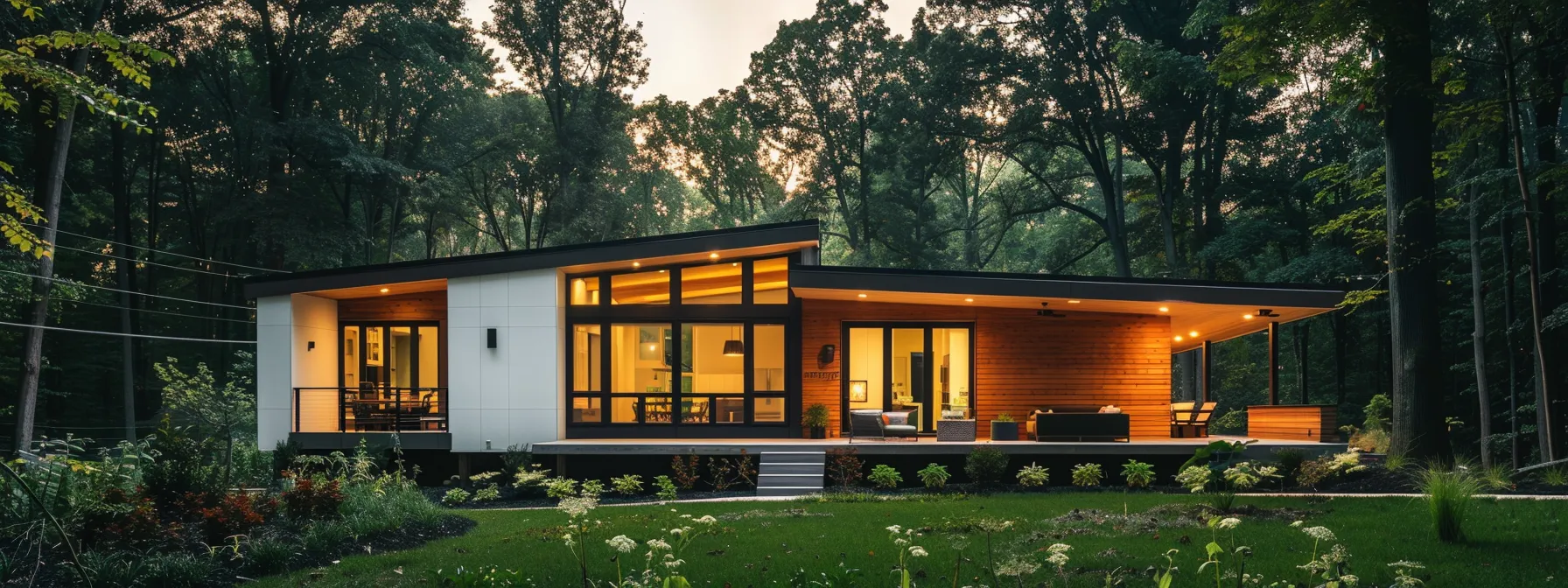 Modern eco-friendly home featuring Structural Insulated Panels (SIPs), surrounded by lush greenery, emphasizing energy efficiency and sustainable design.
