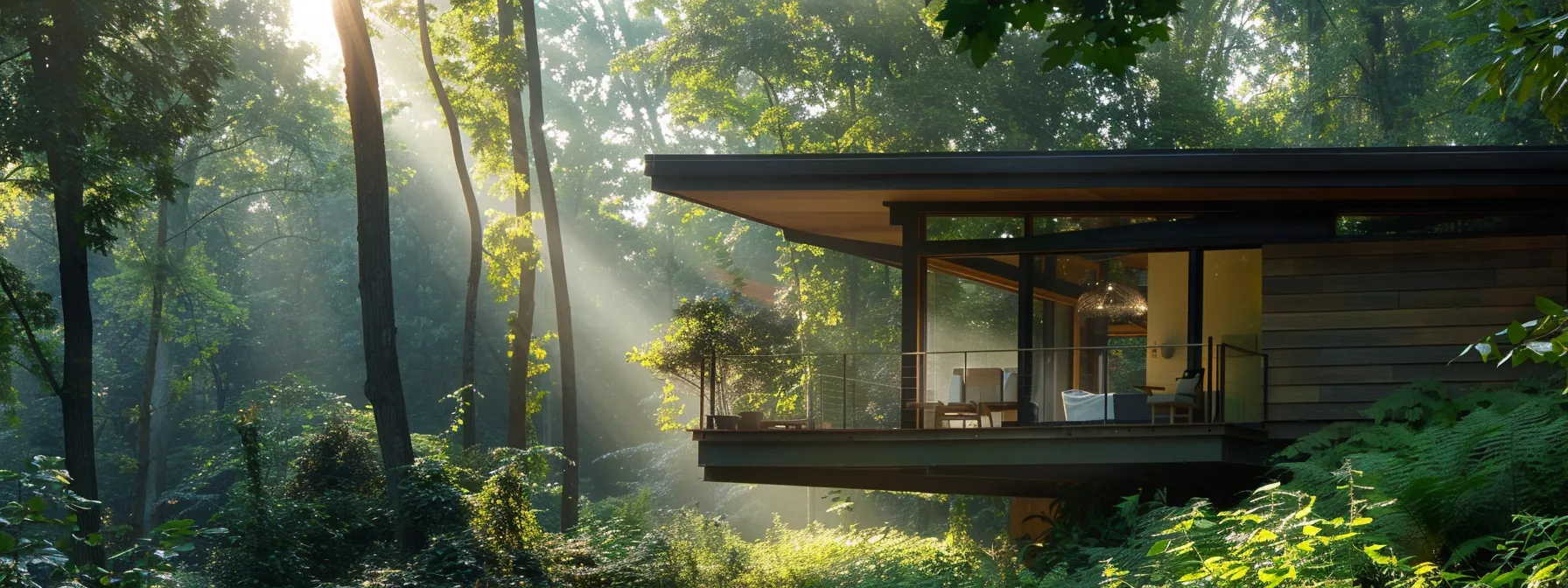 Modern sustainable home surrounded by lush greenery, showcasing large windows and a balcony, emphasizing eco-friendly design and integration with nature.