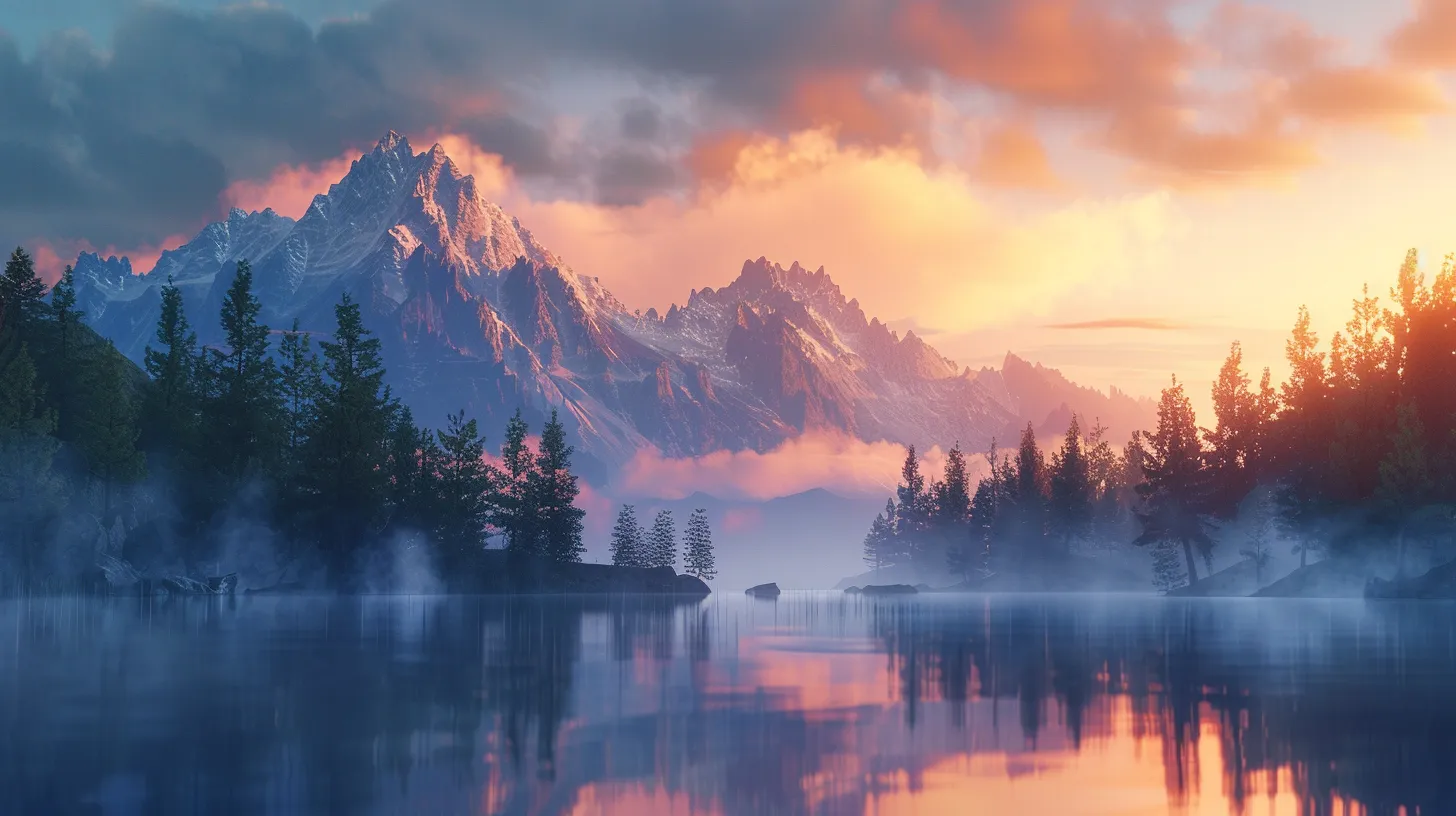 Serene mountain landscape with towering peaks, reflecting in calm waters, surrounded by lush evergreen trees, evoking tranquility and natural beauty.