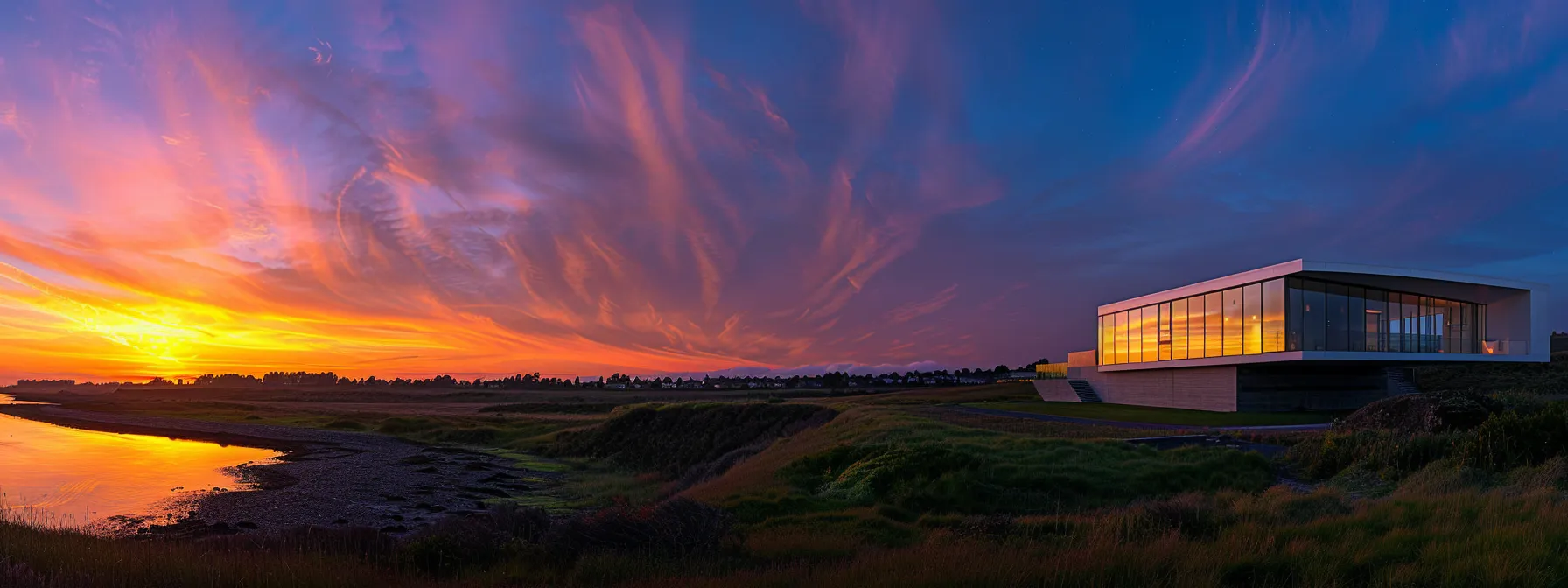Sleek modern home with expansive glass walls and vibrant sunset sky, showcasing architectural design trends in sustainable housing.