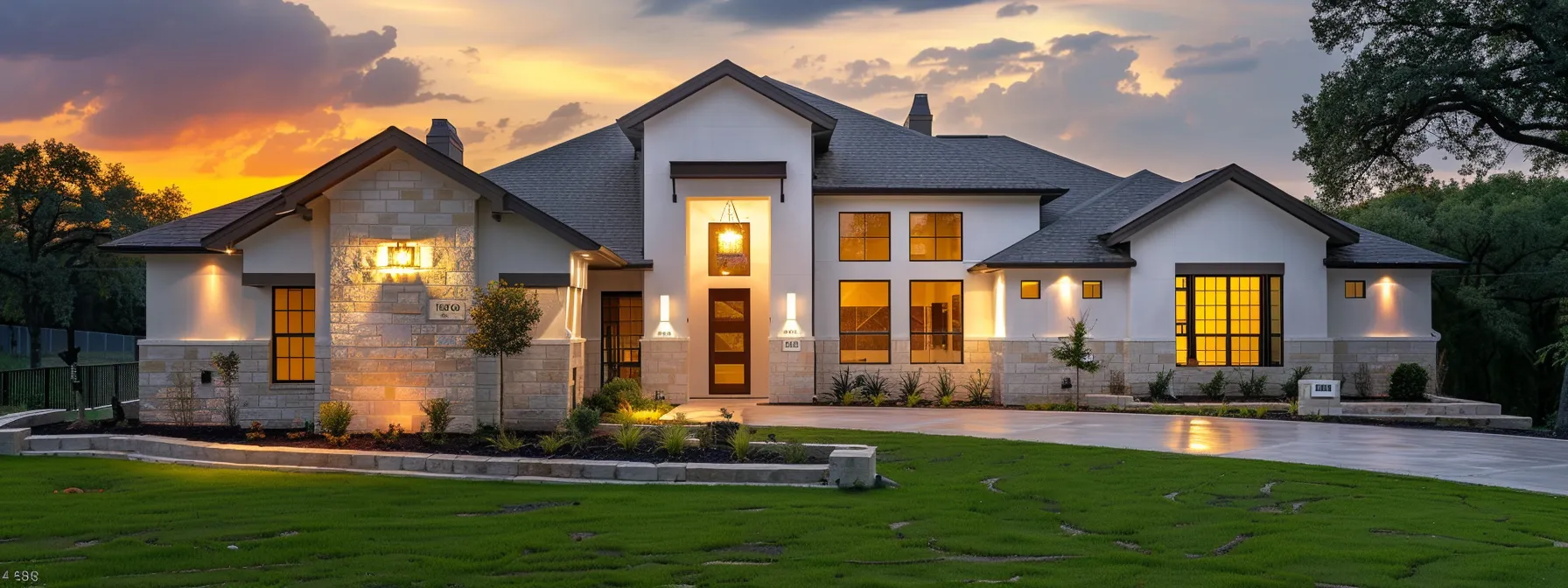 Modern SIP home exterior with large windows, stone accents, and landscaped yard at sunset, showcasing energy-efficient design and sustainable building practices.