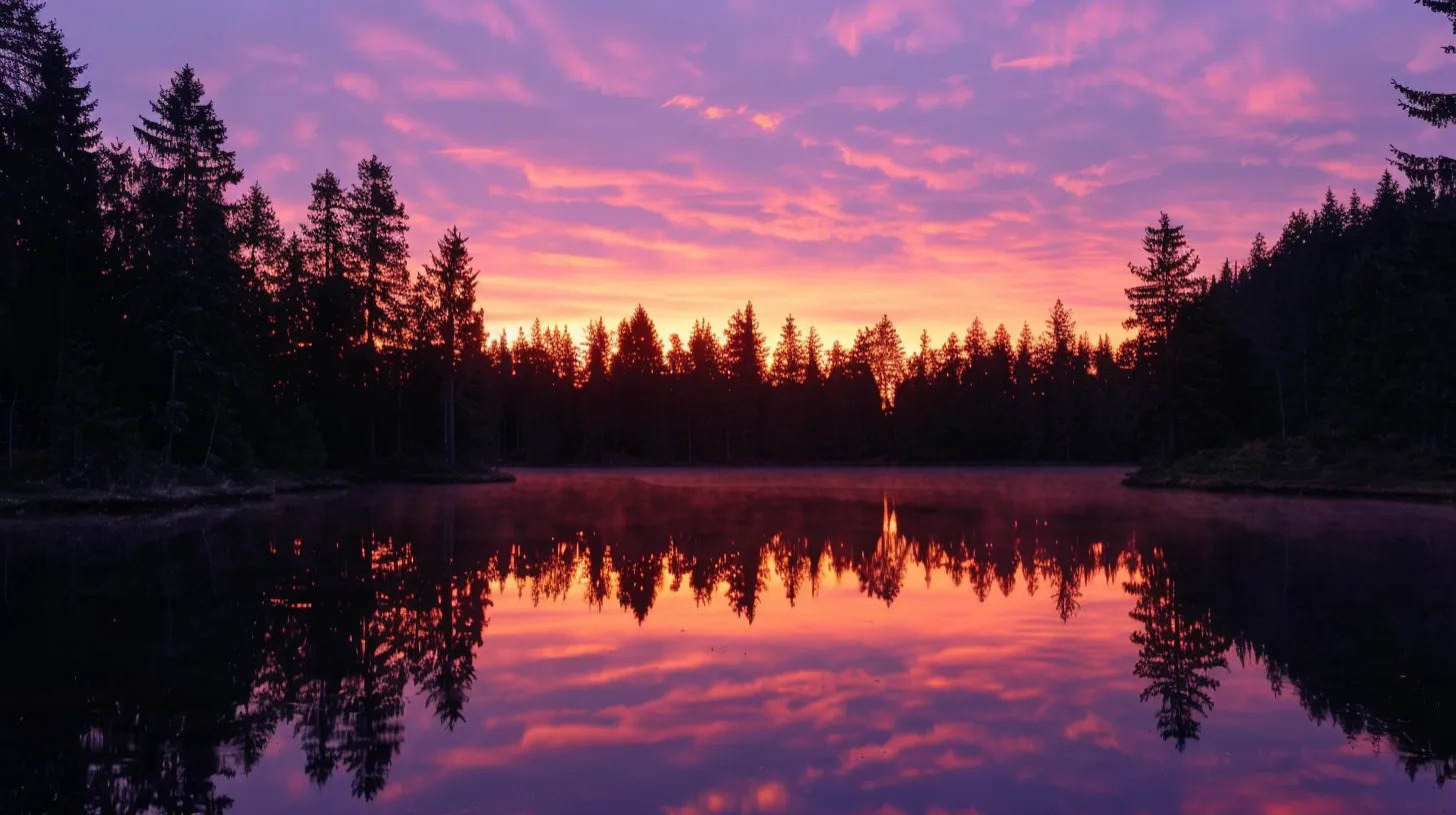 Vibrant sunrise reflecting on calm waters, surrounded by cedar trees, highlighting the natural beauty of log home environments.
