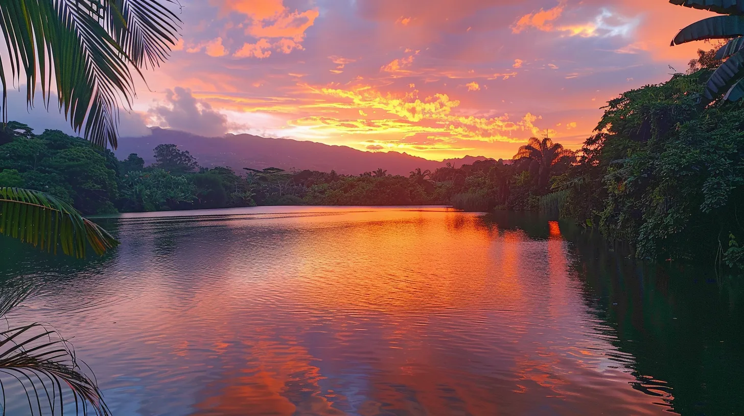 Vibrant sunset reflecting on a tranquil lake surrounded by lush greenery, illustrating natural beauty relevant to log home settings.