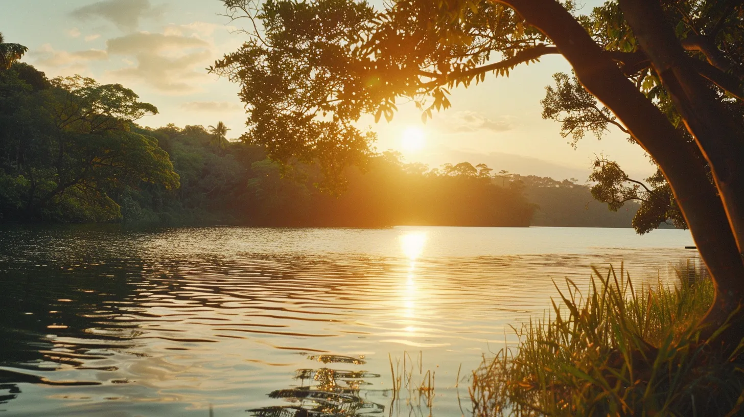 Vibrant sunset reflecting on calm water surrounded by lush trees, illustrating serene natural beauty relevant to log home construction and outdoor living.