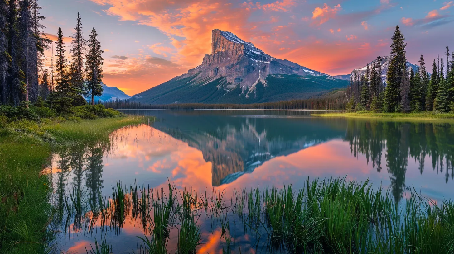 Vibrant sunset over a mountain landscape reflecting in calm waters, surrounded by lush greenery and tall trees, illustrating natural beauty relevant to sustainable building practices.