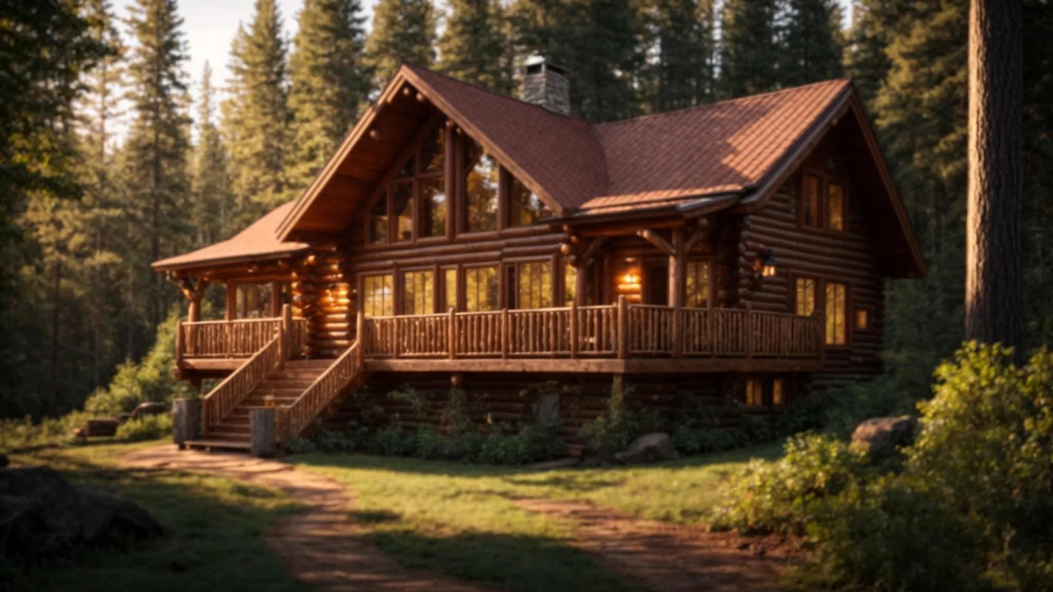 Breathtaking log home with expansive balcony, nestled in a lush forest setting, showcasing modern design and natural materials, ideal for inspiring log home lifestyles.