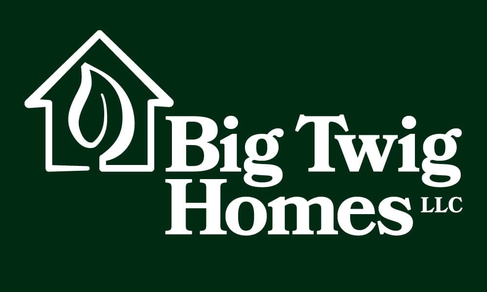 Big Twig Homes LLC logo featuring a house silhouette with a leaf, emphasizing sustainable construction and energy-efficient building practices.