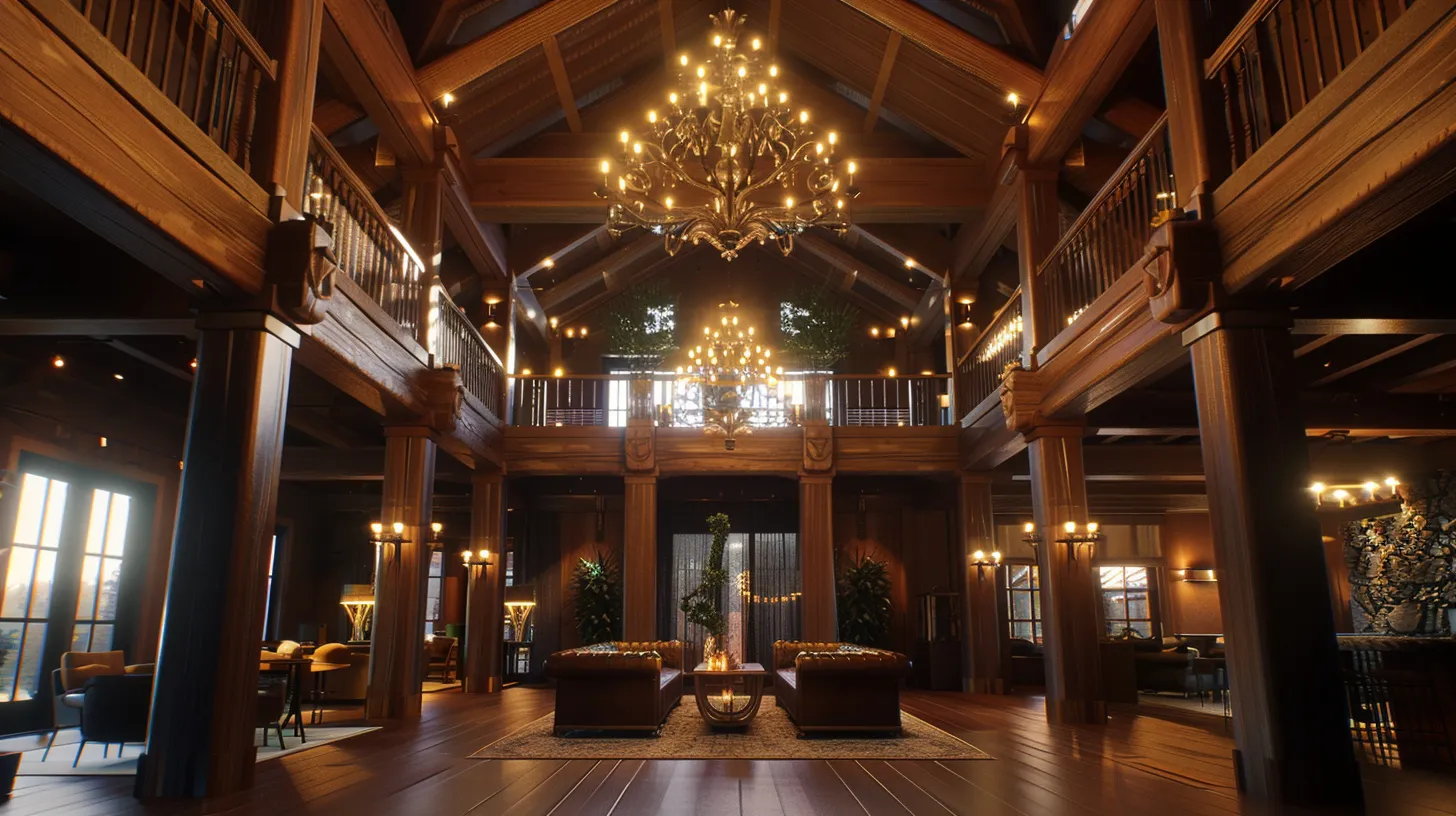 Luxurious interior of a cedar log home featuring elegant chandeliers, rich wooden beams, and plush seating, embodying high-end craftsmanship and design.