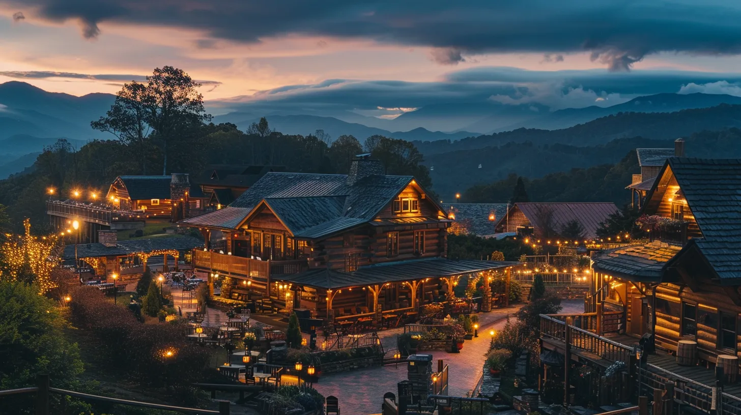 Luxury log home estate illuminated at dusk, nestled in the mountains of North Carolina, featuring rustic architecture and modern amenities, surrounded by scenic natural landscapes and warm outdoor lighting.