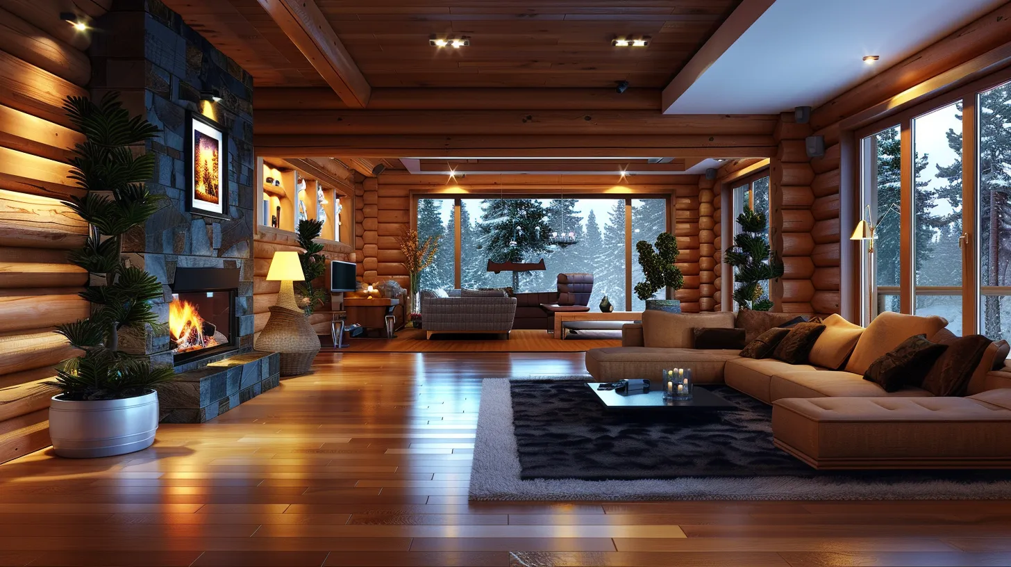 Luxurious log home interior featuring a cozy fireplace, modern furnishings, and large windows with snowy forest views, emphasizing high-end design and natural elements for a custom living space.