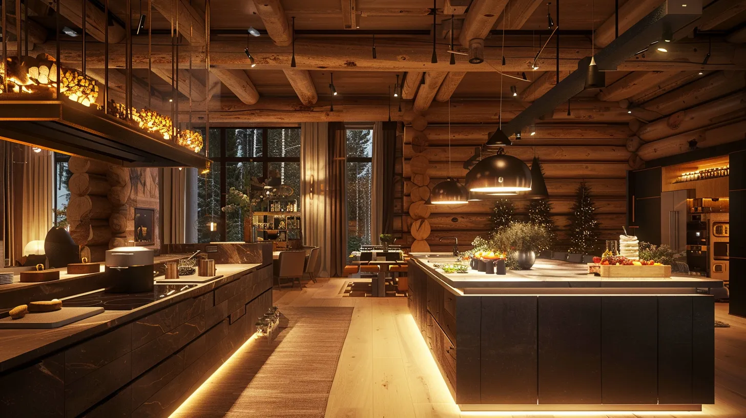 Luxurious modern gourmet kitchen featuring sleek cabinetry, a spacious island with fresh ingredients, illuminated by stylish pendant lights, surrounded by natural wood accents and large windows showcasing a scenic outdoor view.