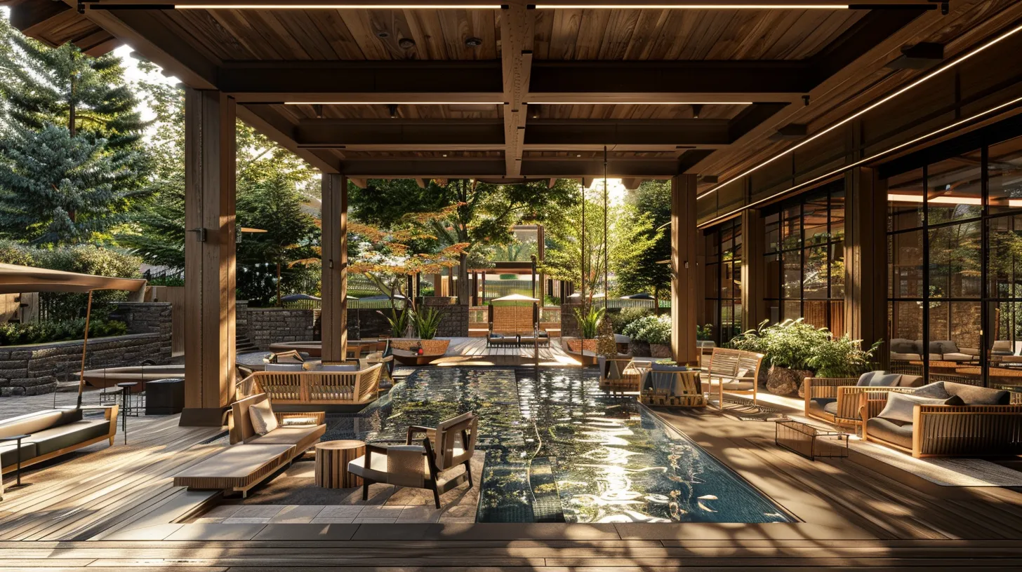 Luxury log cabin estate featuring a serene swimming pool area with natural wood accents, stylish outdoor seating, and lush greenery, emphasizing modern amenities and high-end design elements.