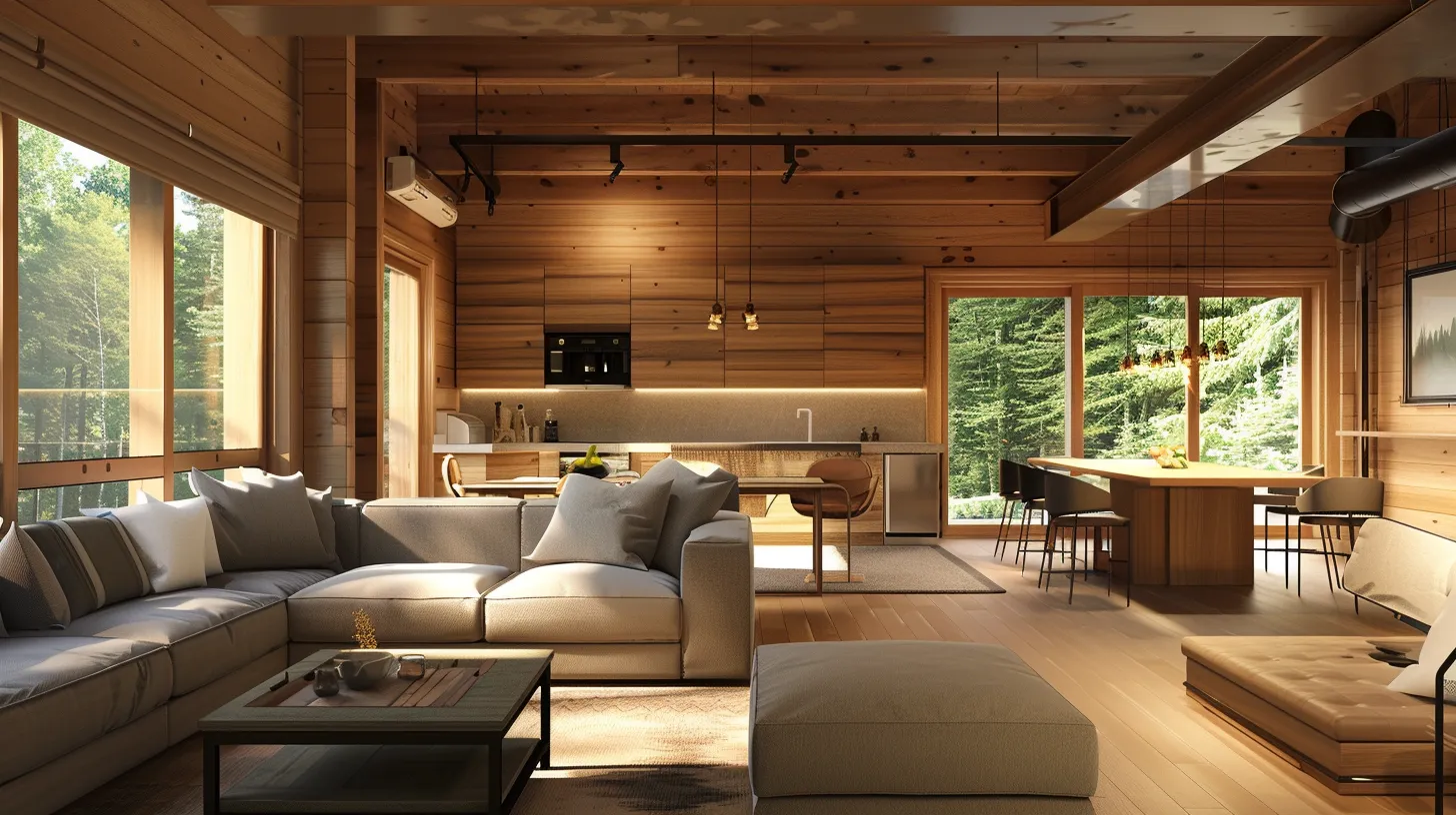 Elegant interior of a luxury log cabin featuring a cozy living area with a sectional sofa, modern kitchen with wooden cabinetry, and large windows showcasing a lush forest view, designed for comfort and leisure in upscale recreational living.