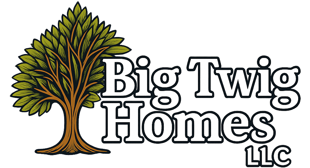 Big Twig Homes LLC logo featuring a stylized tree and text, representing a company specializing in luxury log homes and energy-efficient designs.