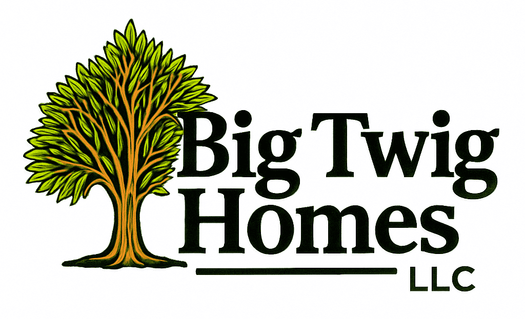 Big Twig Homes LLC logo featuring a stylized tree, representing luxury log home design and customization.