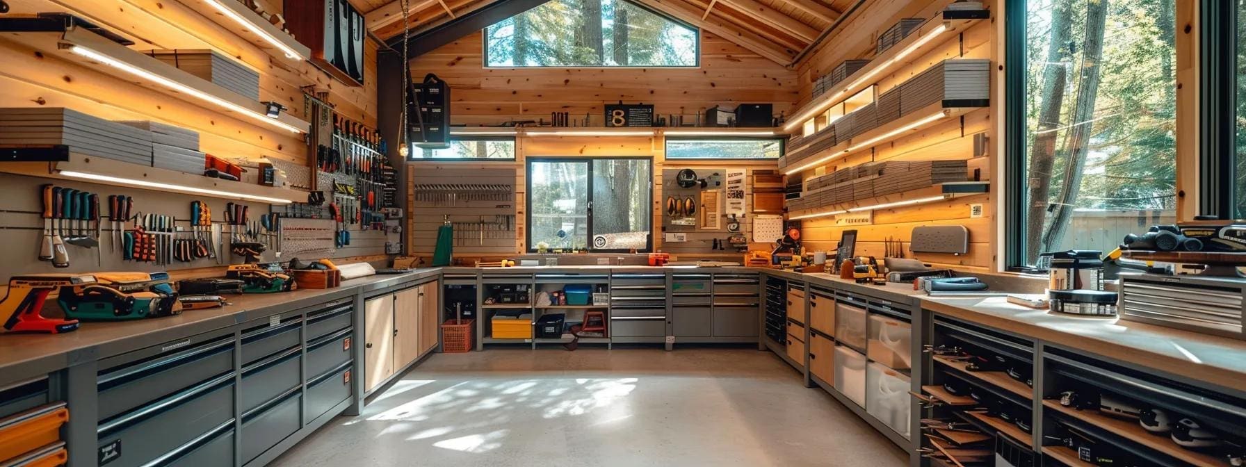 Modern indoor workshop with organized tools, workbenches, and natural wood accents, showcasing a functional design ideal for DIY builders and small home projects.