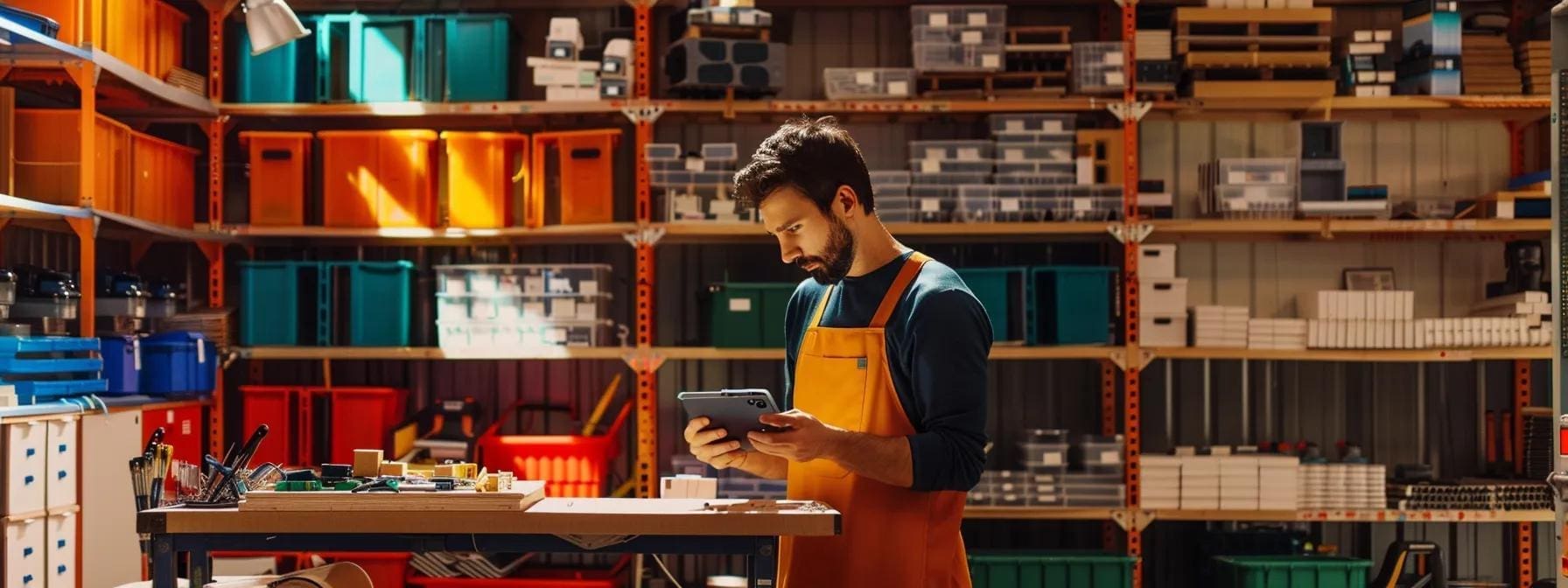 Man in an orange apron using a tablet at a workbench surrounded by organized storage bins and tools, illustrating the DIY process for Little Twig Home Packages.