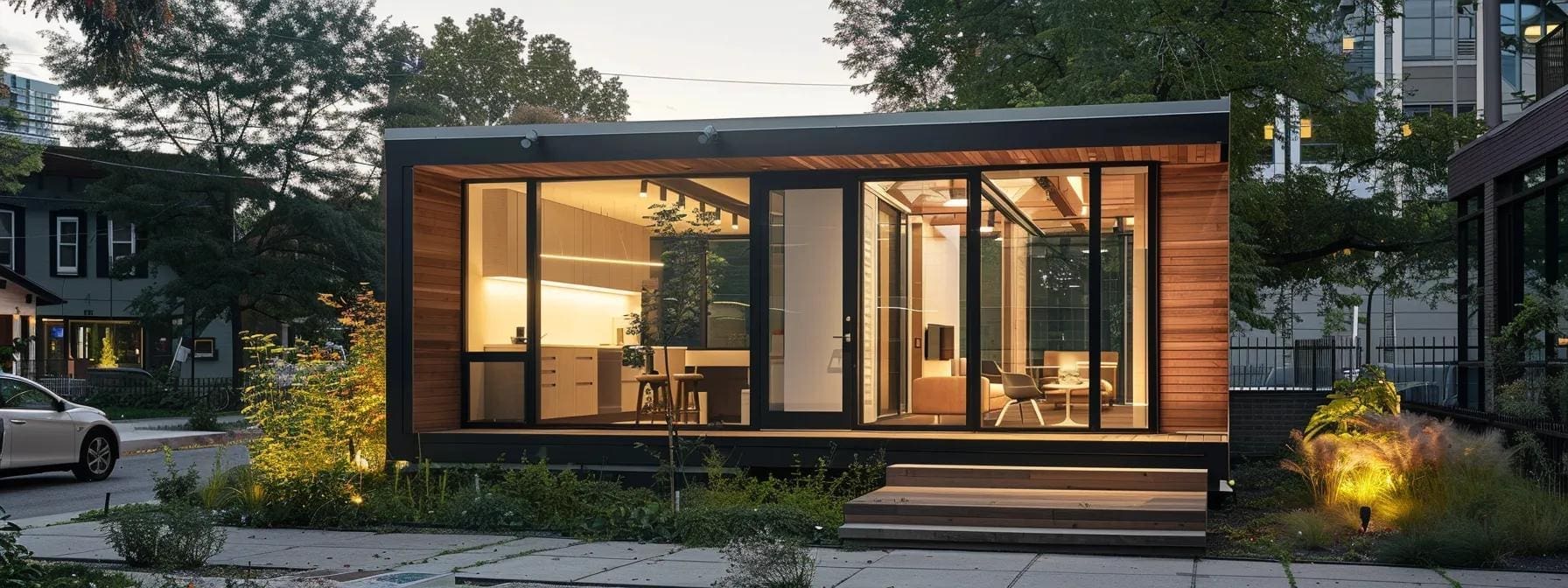 Modern small home with large glass windows showcasing a stylish interior, featuring a kitchen and living area, surrounded by landscaped greenery, emphasizing energy-efficient design and contemporary architecture.