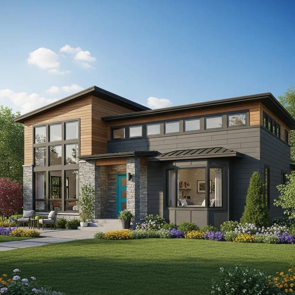 Customized SIP home design featuring various exterior cladding styles, large windows, and landscaped garden with colorful flowers.