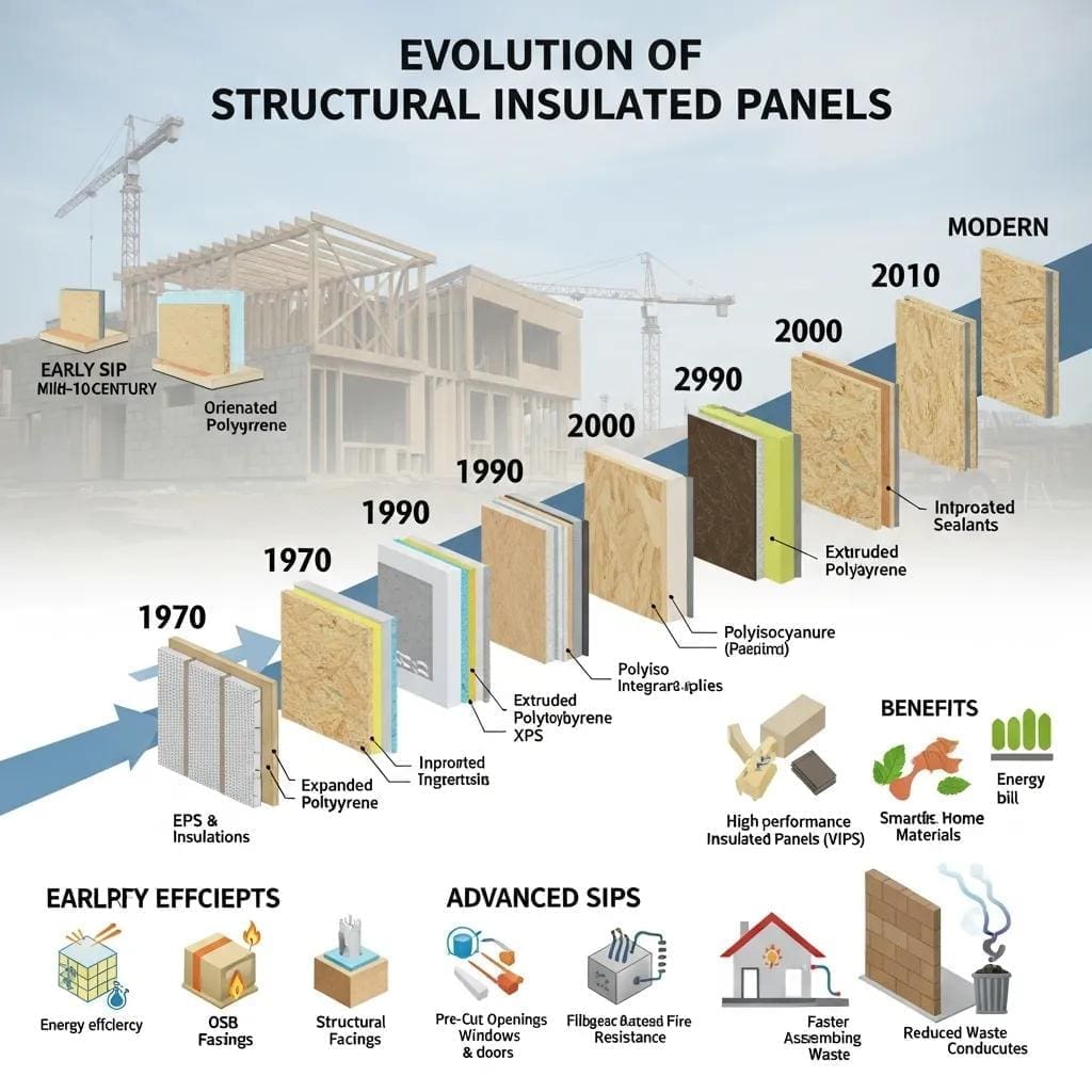 Evolution of Structural Insulated Panels showcasing advancements in materials and technology, including early SIPs, modern designs, and benefits like energy efficiency and reduced waste.