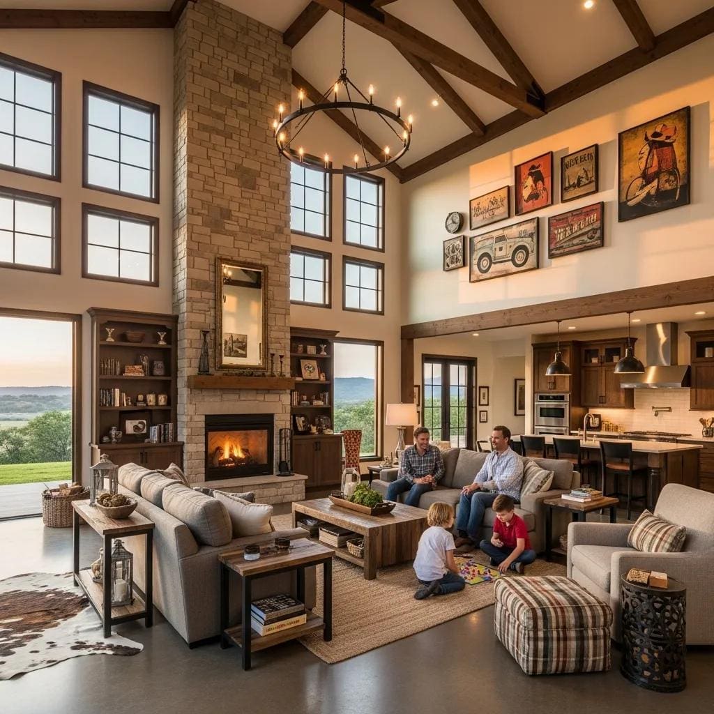 Interior of a modern barndominium featuring open-concept design and rustic decor